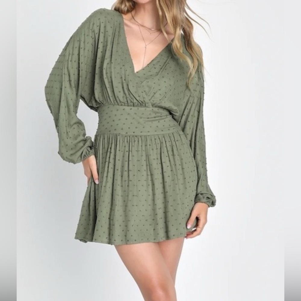Lulus Olive Green aSwiss Dot Long Sleeve Dress SZ S Flowy Holiday Fall Dress